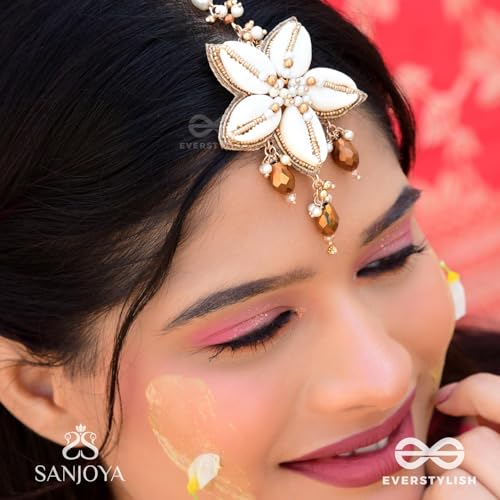 Image of SANJOYA by EVERSTYLISH Embroidered Maangtika for Women | Shell, Beads & Glass Drop Statement Headpiece | Ethnic Jewelry for Weddings, Festivals & Special Occasions