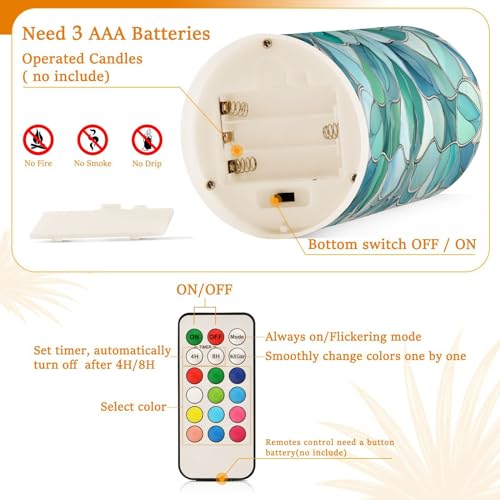 Image of Lights Flameless Candles Turquoise Flower Pattern Pillar Candles Set of 2 Battery Operated Remote Control Warm Lights Home Decor
