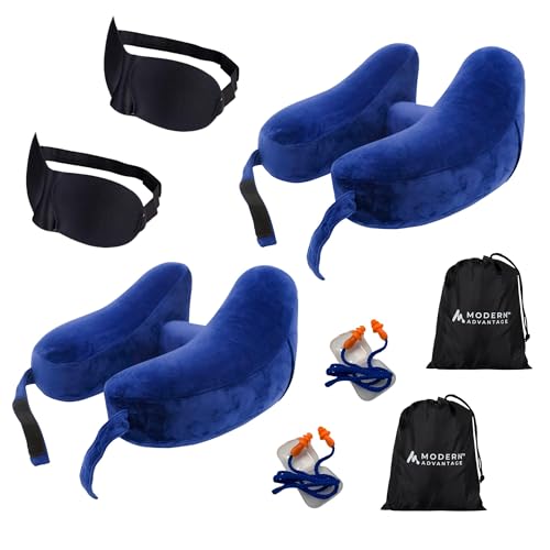 Modern Advantage Inflatable Travel Neck Pillow - Traveling Support for Head, Neck, Chin, and Shoulder When Sleeping on Airplane, Train, Car, Bus - Compact, Easy to Inflate and Deflate (Blue + Blue)