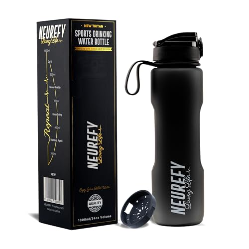 NEUREFY Sports Water Bottle 1L Matt Black Tritan - Leak-Proof & Easy-Grip Design, BPA-Free - Motivation bottle with Strainer - Backpack-Friendly with a Lid lock, Gym Bottle, Outdoor, Office or School