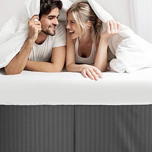 Image of Nestl Twin Bed Skirt - Damask Dobby Stripe Wrap Around Bed Skirt - Double Brushed Microfiber 14 in Tailored Drop Pleated Bed Ruffle with Bed Skirt Pins - Gray