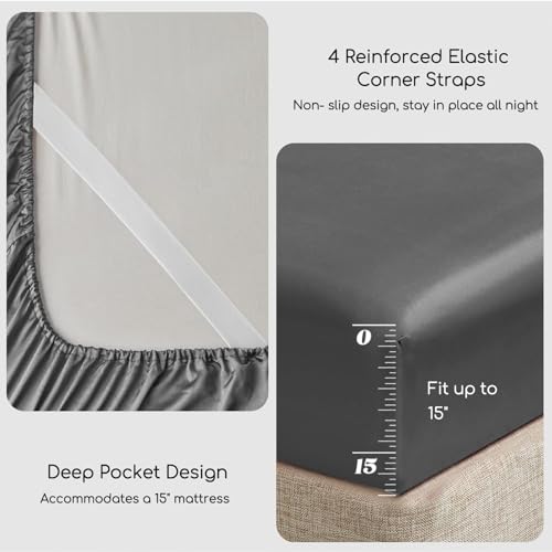 Image of MR&HM Satin Bed Sheets, Queen Size Sheets Set, 4 Pcs Silky Bedding Set with 15 Inches Deep Pocket for Mattress (Queen, Dark Grey)