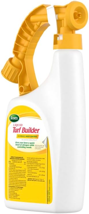 Scotts Liquid Turf Builder Lawn Fertilizer with Plus 2 Weed Control (Liquid Lawn Fertilizer plus Dandelion, Clover & Other Lawn Weed Killer) 32oz