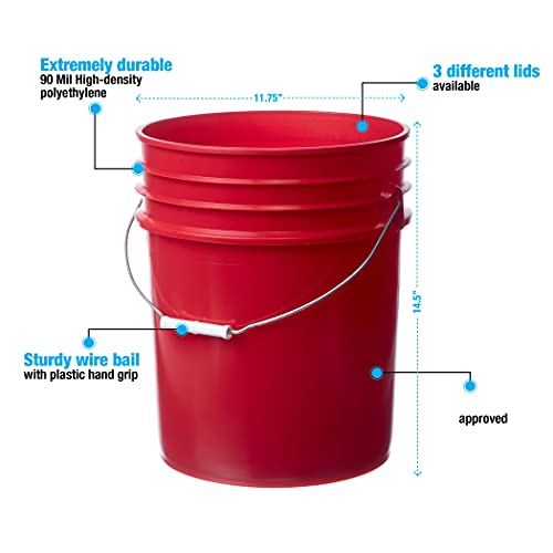 Hudson Exchange - 5Dm+5Lhv-Rd-3 Premium 5 Gallon Bucket With Lid, Hdpe, Red, 3 Pack #TOP1