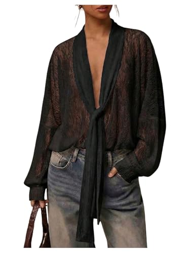 SOLY HUX Women's Lace Tops Long Sleeve Sheer Mesh Tie Front Blouse