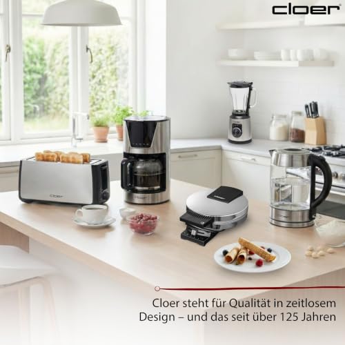 Foto von Cloer 285 Hörncheneisen für hauchdünne, knusprige Hörnchen, 800 W, Backfläche 15 cm Durchmesser, schwere Backplatten, stufenlos wählbarer Bräunungsgrad, Signalton, Edelstahlgehäuse, Edelstahl, Chrom