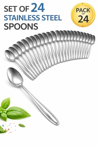 Image of Stainless Steel Table Spoons 16 cm | Mirror Finish | Rust-Resistant | Lightweight Daily Use Dinner Spoons | Dishwasher Safe | Cutlery Set for Home & Kitchen | Catering | Resturants (Set of 24 Spoons)
