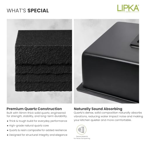 Image of LIPKA Quartz Kitchen Sink 24 x 18 x 9 Inches | Black Granite Single Bowl Sink | Quartz Sink for Modular Kitchen | Scratch & Heat Resistant | Kitchen Sink with Coupling, Waste Pipe & Vegetable Basket