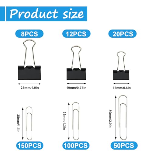 Lot de 340 trombones assortis et pinces double clip dans leur boîte de rangement à compartiments
