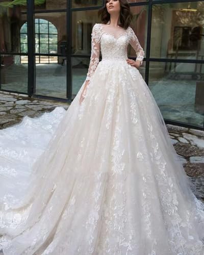 RYANTH Lace Appliques Wedding Dress for Bride Long Sleeves Bridal Ball Gown A Line Wedding Dresses RDX-W343
