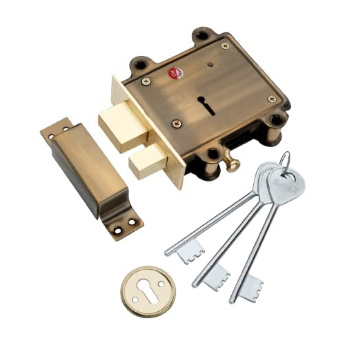 DOOR EYE Brass Antique Finish | HUDKA Main Door Lock with 3 Keys | Heavy King , Best Suitable for Doors and Can Be Operated from Both Sides of Door,Iron Hudka 2 in 1, Beige, Brass;Metal