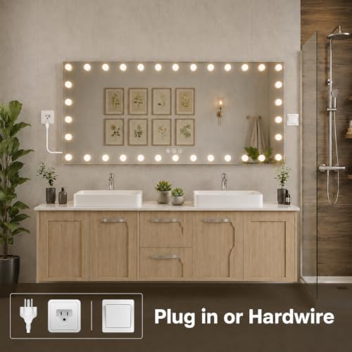 Image of WTTY 84 inchx40 inch Hollywood Vanity Mirror with Lights, Wall-Mounted Makeup Mirror with 3 Color Temperatures, Stepless Dimmable Bulbs, Anti-Fog & Shatter-Proof