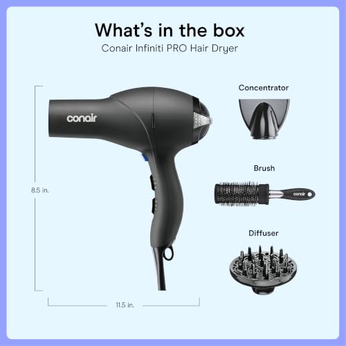 Image of Conair Salon Hair Dryer | 1875W AC Motor for All Hair Types, Includes Bonus Round Brush, Concentrator, Diffuser, Black with Bonus Brush, 259AMRY