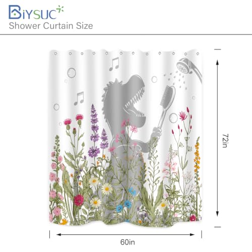 Image of Dinosaur Shower Curtain Funny Dino Sing Bathe Behind Wildflowers Trex Silhouette Shadow for Kids Bathroom Home Decor Waterproof Polyester Fabric 72Lx60W Inch with Hooks