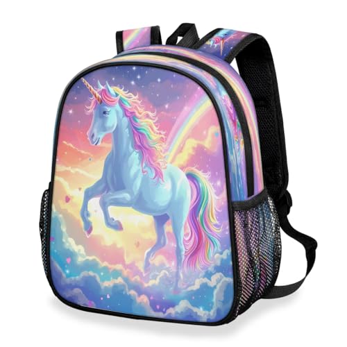 Cute Small Backpack Animal Unicorn Rainbow Bookbag with Name Tag, 13.6 Inch Backpack Large Capacity Casual Book Bags Daypack with Chest Strap