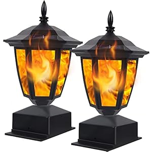 Dynaming Solar Flame Post Lights Outdoor, Solar Powered Lamps Fence Post Cap Lights, Flickering Flame LED Lantern Decorative Waterproof for Garden Deck Patio, Fit 4×4, 5×5 or 6×6 Wooden Posts, 2 Pack