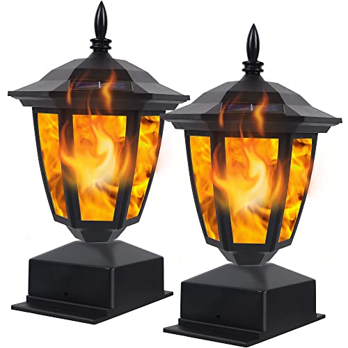 Dynaming Solar Flame Post Lights Outdoor, Solar Powered Lamps Fence Post Cap Lights, Flickering Flame LED Lantern Decorative Waterproof for Garden Deck Patio, Fit 4×4, 5×5 or 6×6 Wooden Posts, 2 Pack