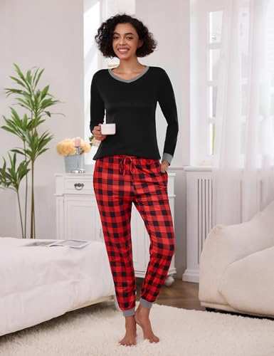 2 Pack Womens Pajama Sets Long Sleeve Sleepwear Matching Pjs Set V Neck Loungewear with Pockets S-XXL2