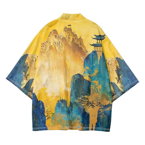 Image of DOSLAVIDA Men's Japanese Kimono Jacket Set Stylish Open Front Coat With Shorts Chinese Style Printed Cardigan Suit