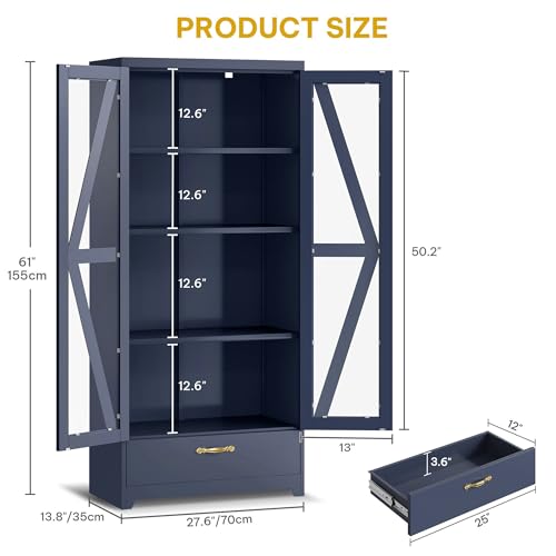 DWVO Display Cabinet with LED Lights, 61" Metal Display Case with Glass Barn Doors for Collectibles, Organizer Cabinet with 3 Adjustable Shelves and Drawer for Living Bedroom, Office, Navy Blue