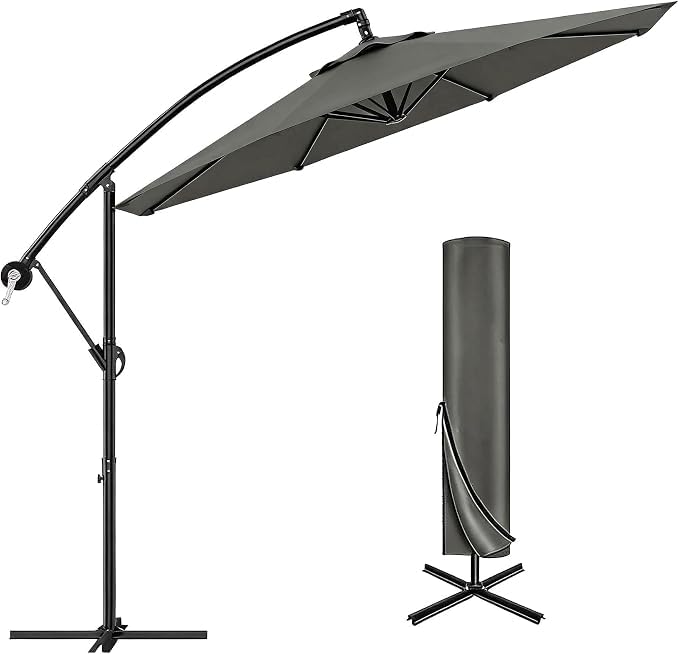 Sombrilla redonda de 3 m exterior con manivela, parasol voladizo reclinable y giratorio 360°, base cruzada, bolsa de transporte, impermeable y anti UPF 50+, para jardín, terraza, balcón, piscina, gris