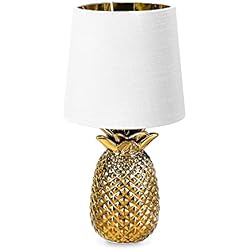 Lampara Oro Mesita De Noche Navaris Lámpara de mesa con forma de piña - Iluminación con rosca E14 para mesita de noche con pantalla de tela - Decoración de sobremesa de 35 CM