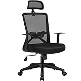 Abician Chaise de Bureau en Maille avec Appui-tête Accoudoirs 5 roulettes Fauteuil de Bureau Réglable Chaise Pivotante en Tissu Respirant Étude Travail Gaming Noir
