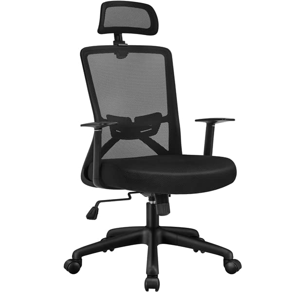 Abician Chaise de Bureau en Maille avec Appui-tête Accoudoirs 5 roulettes Fauteuil de Bureau Réglable Chaise Pivotante en Tissu Respirant Étude Travail Gaming Noir