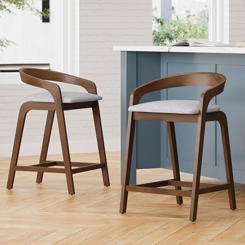 Christopher Knight Home Alame 25.25''H Rubberwood Barstools Set of 2, Curved Backrest Counter Stool, Upholstery Bar Chair, Sturdy Structure Counter Stool Chair for Kitchen Home Bar, Light Gray+Natural