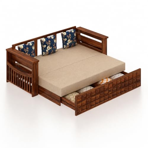 Image of Ganpati Arts Solid Sheesham Wood 3 Seater Diamond Sofa Cum Bed with Side Pocket for Living Room Bedroom Wooden Bedroom Furniture for Home 1 Year Warranty (Natural Finish)