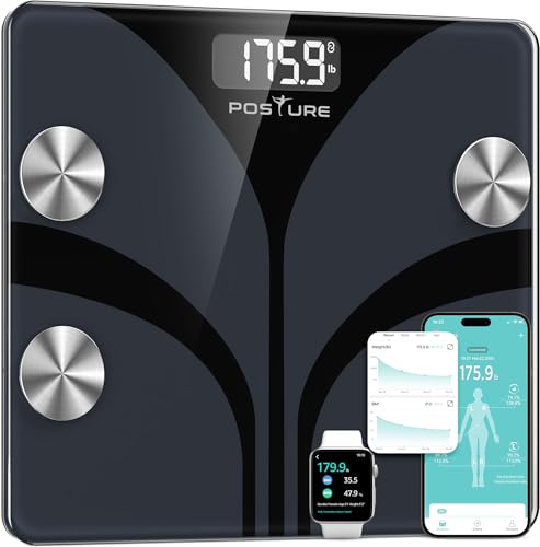 Posture Bilancia Pesapersone Digitale, Smart da Bagno Analizza 13 Elementi della Composizione Corporea, Bluetooth, BMI, Controllo della Salute, Sincronizzazione con App, 180 kg - Nero
