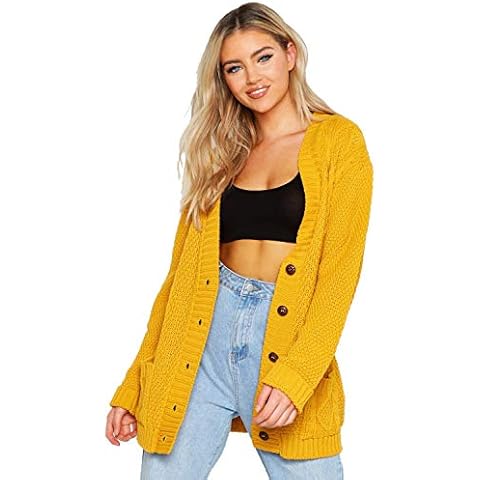 Red Olives New Women's Ladies Long Sleeve Button Top Chunky Aran Cable Knitted Grandad Cardigan UK 8-26 (Mustard, 8-10) Cover