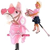 Frebuta Hobby Horse on a Stick,30 to 50In Stick Horse for Kids 3-12 Years Plush Handcrafted Party Cowgirl Music Pink Pony Horse Toy with Illuminated Wheel Stainless Steels Soft Sponge Handle (Pink)