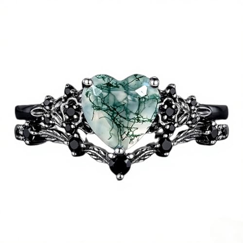 Natural Moss Agate Engagement Black Ring Set for Women Customizable 10K /14K /18K Soild Gold Wedding Ring Set Gothic Vintage Promise Stacking Rings Free Engraving Size 4-15