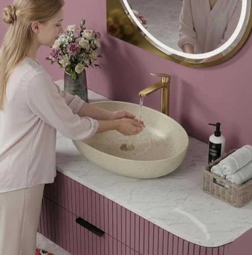 Image of BASSINO 20x16x6 Inches Ceramic Table Top Wash Basin /Designer Bathroom Sink /Luxury Countertop Vessel Basin /Oval Above Counter Basin /Wash Basin for Bathroom /Dining Hall /Vanity Sink(Matt Beige Terrazzo)