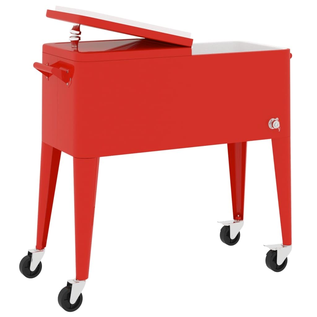 Carro refrigerador con ruedas rojo 92 x 43 x 89 cm, capacidad de 80 cuartos para fiestas en el jardín y barbacoas, enfriador de bebidas aislado con 4 ruedas y diseño práctico