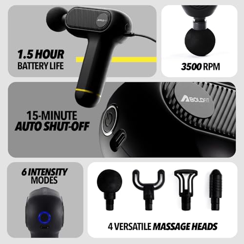 Image of Boldfit Massage Gun for Pain Relief Deep Tissue Compact Massager, 4 Heads, 5 Speeds, Type-C Charging Portable Percussion Gun for Gym, Travel & Home