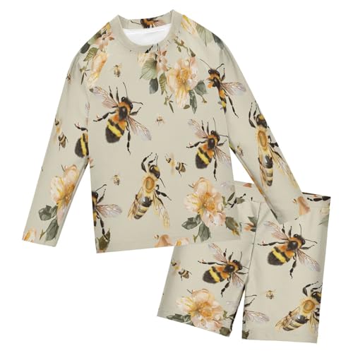 Lovely Bee Floral Boys Swimsuit Rash Guard Toddler Kids Long Sleeve Swim Shirt and Trunks Swimwear Set 3-10Y