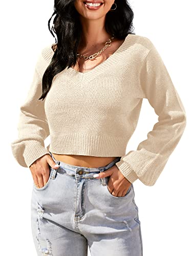 Image of ZAFUL Women's Cropped Sweater V-Neck Long Sleeve Pullover Jumper Knit Top | Crop Length, Ribbed Knit, Double V design, White sweater, Raglan sleeves, lantern sleeve, Fall & Winter, Loose fit, Oversized