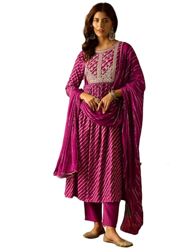 Kurta femme brodé avec pantalon chic et grand dupatta violet Varanga XL