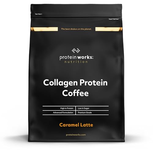 Protein Works - Café con proteína de colágeno, polvo de colágeno bovino, colágeno hidrolizado premium, café con leche de caramelo, 475 g, 19 porciones