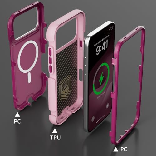 Coque iPhone 16 Pro Max rose vif rigide en silicone triple couche antichoc avec support