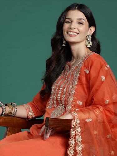 Image of INDO ERA Women's Silk Blend Embroidered Straight Kurta with Pant & Dupatta
