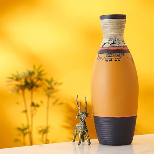 Image of Aakriti Art Creations Mustard Yellow Terracotta Vase with Madhubani Tattoo Art | Handmade Matte Finish Decorative Flower Vase | Living Room Table Decor, Floor Vase & Housewarming Gift