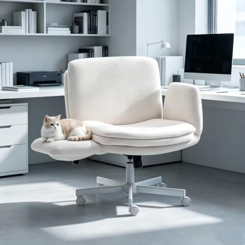Image of Armrests Criss Cross Chair - Wide Comfy Swivel Vanity Chairs with Wheels, Comfortable Adjustable Home Office Desk Computer Chair for Reading Room, Bedroom, Makeup Room