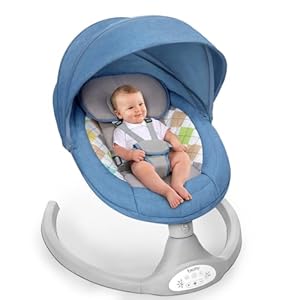 Bioby Babywippe Elektrisch mit 5 Natürlichen Schaukelgeschwindigkeiten, Bluetooth-Musik-Babywippe mit Fernbedienung & 5-Punkt-Gurt, leichte Baby Wippe für 2-9 kg, 0-12 Monate（Tiefblau）
