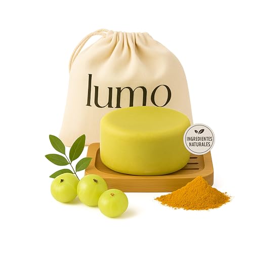 Champú Sólido Orgánico, Bio y Vegano con Amalaki, Henna y Cúrcuma – Especial Cabello Oscuro o Cobrizo – 80 g con Jabonera – Sin Sulfatos, Sin Plástico