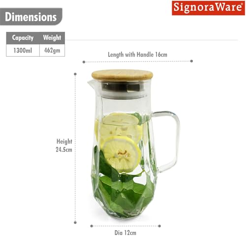Image of Signoraware BoroPour Borosilicate Glass Jug with Bamboo Lid | Heat Resistant | Elegant Airtight Bamboo Lid for Natural Look | Ideal for Water, Juice, Detox & Infused Beverages (1.3 Ltr | Clear)