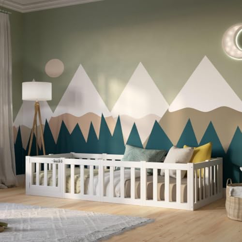Crazy Pine Lit Enfant 180x120 cm – Lit Montessori au Sol avec Barrière 40 cm et Barrière Amovible - Bois Blanc avec Surface Lisse - Parfait pour Garçons...