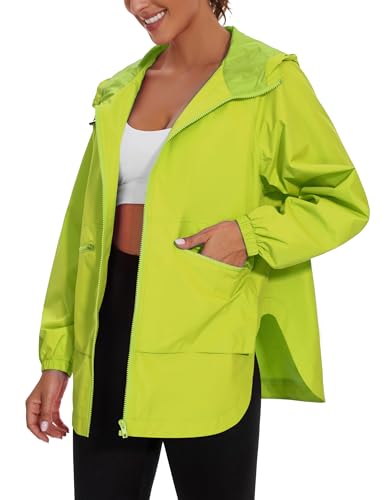PESION Women's Windbreaker & Waterproof Hooded Rain Jacket Lightweight Outdoor Fashionable Jacket Zip Coat Outerwear Raincoat with Pockets for Mountaineering Hiking Fish Travel, Fresh Green, Large
